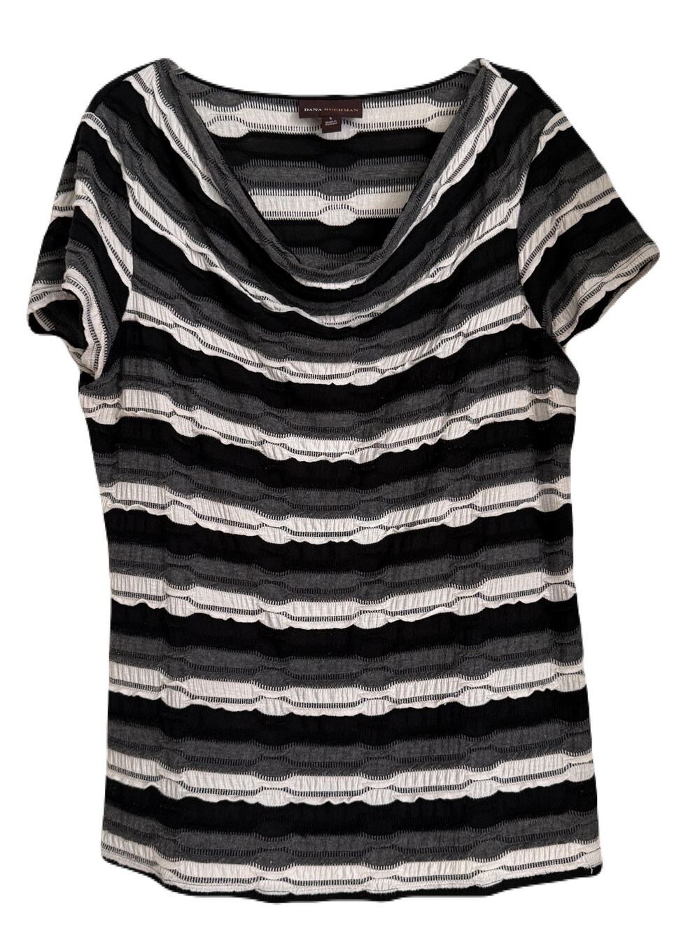 Dana Buchman Black/White/Gray Stripe Scoop Neck Cowl Top, S/S Sleeve - Large